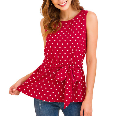 

Women Boho Polka Dot Shirts Summer Slim Tie Front Sleeveless Blouse Tops Vest