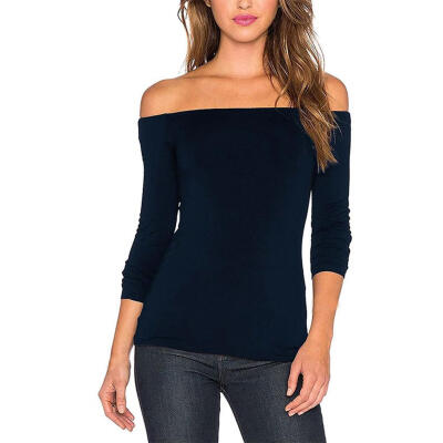 

Women Boat Neck Tops Long-Sleeves Female Fit Stretchy Off Shoulder T-Shirt