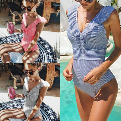 

Women V Neck Blue Black Red Striped Women Swimsuit One Piece Ruffled Swimwear