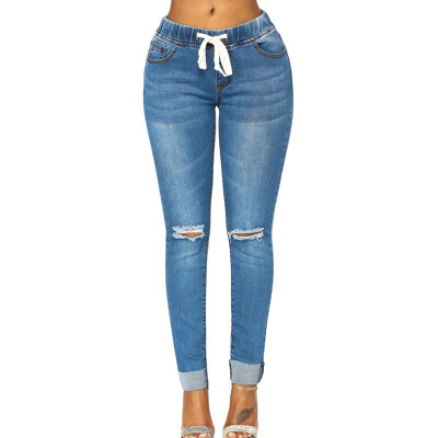 

Tailored Women Hight Elastic Waisted Hole Denim Jeans Stretch Slim Pants Length Jeans