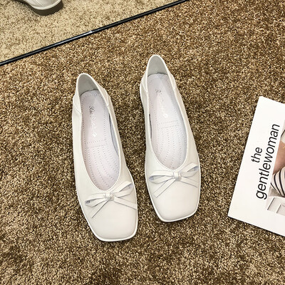 

Summer Bean Shoes Womens Square Head Shallow Butterfly Knot Work Shoes Womens Flat Bottom Soft sole Single Shoes