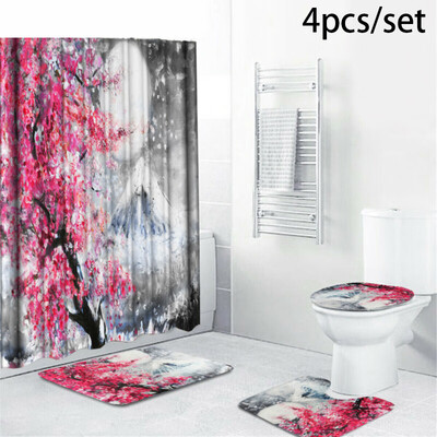 

SakuraSnow Mountain Printing Bathroom Shower Curtain Toilet Cover Mat Non-Slip