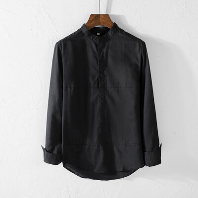 

Toponeto Mens Causal Shirt Long Sleeve Top Button Cotton Linen Solid Color Loose Blouse