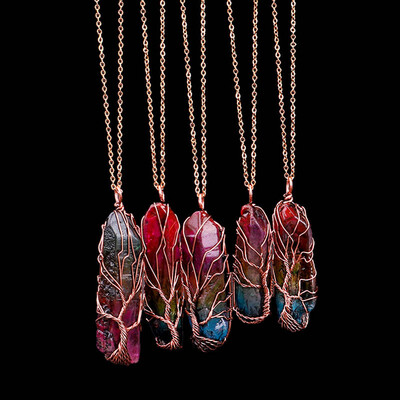 

Gemstone Crystal Tree Life Hexagon Rainbow Stone Pendant Necklace for Women Men