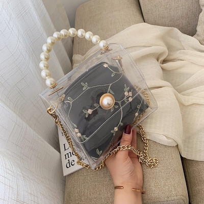 

Ins summer Korean-style transparent bag womens new 2019 pearl hand-held jelly-bag chain messenger bag