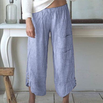 

Women Loose Striped Casual Pants Elasticated Waist Wide Leg Straight Trousers