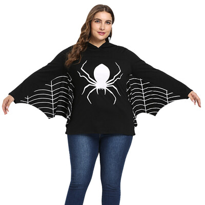 

Hooded Collar Long Batwing Sleeve Spider Web Print Halloween Women Hoodie