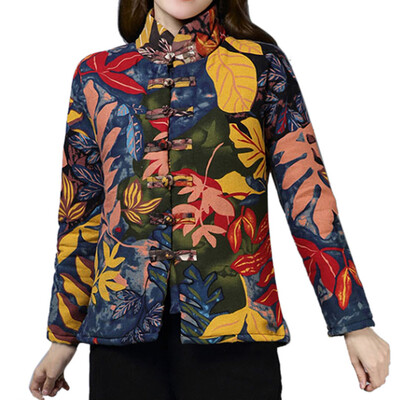 

Toponeto Women Folk-Custom Linen Print Cotton Buttons Short Coat Parka Jacket Outwear
