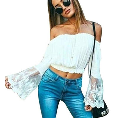 

Women Off Shoulder Boho Lace Casual Shirt Summer Crop Tank Tops Blouse