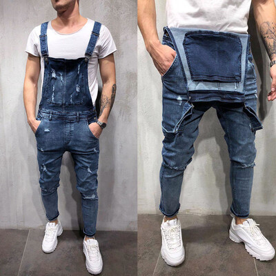 

Gobestart Mens Overall Casual Jumpsuit Jeans Wash Broken Pocket Trousers Suspender Pants