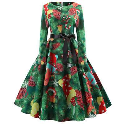 

Round Collar Long Sleeve Santa Claus Christmas Print Belted A-line Women Dress
