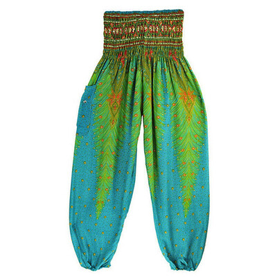 

NeillieN Outdoor Yoga Pants Printed Loose Thin Bohemia Lantern Pants Thailand Peacock High Waist Sports Pants with Pocket