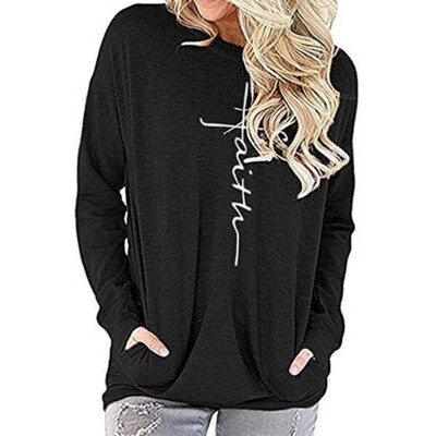 

2019 Fashion Women Letter Printing O-neck Long sleeves Pocket Casual Loose T-shirt