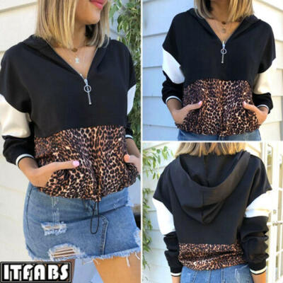 

Women Hoodie Sweatshirt Leopard Tops V Neck Blouses Sweater Pullover Outerwear
