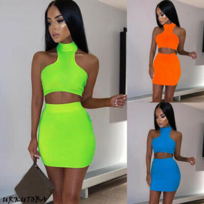 

UK Womens Sexy Crop Tops Bandeau Skirt Co-Ord Set Ladies Summer Holiday Dress