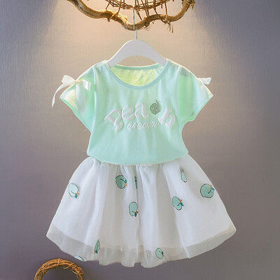 

Children Girls Casual Summer Letter Print Short Sleeve T-shirtPeach Print Mesh Skirts Suits 2Pcs Costume Set