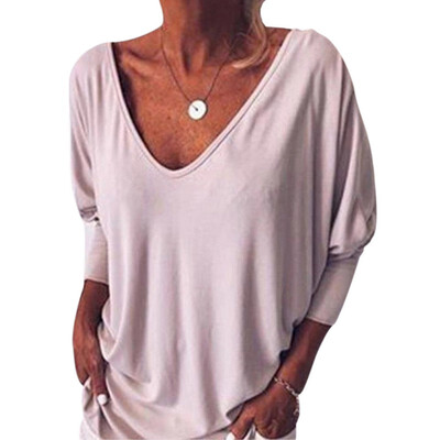 

Women Autumn Fashion Sexy T Shirt Solid Color Loose Button Casual Wild T-Shirt V Collar T Shirt