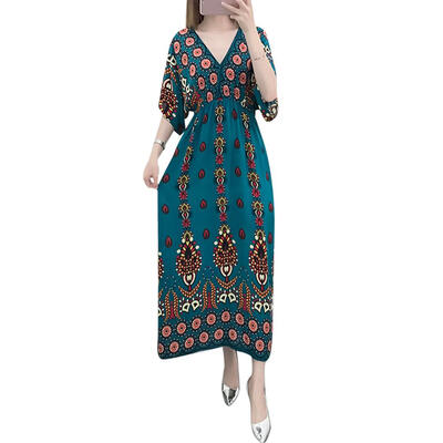 

Ethnic Boho Floral Print Tunic Dress Large Size Women V-neck Maxi Dresses