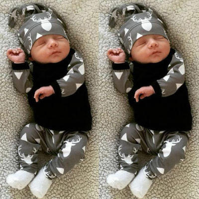 

Newborn Baby Boys Clothes Deer Tops T-shirt Pants Leggings Hat 3pcs Outfits Set