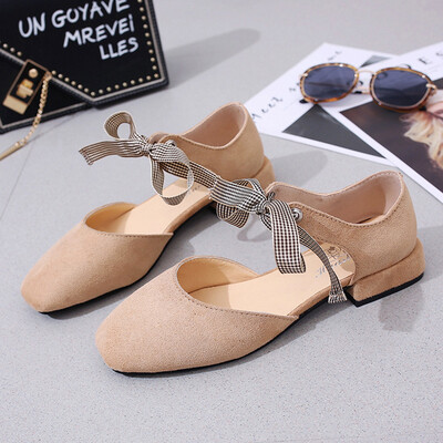 

Single shoe female spring style thick heel shallow mouth low heel velvet surface simple butterfly knot bag head hollow sandals