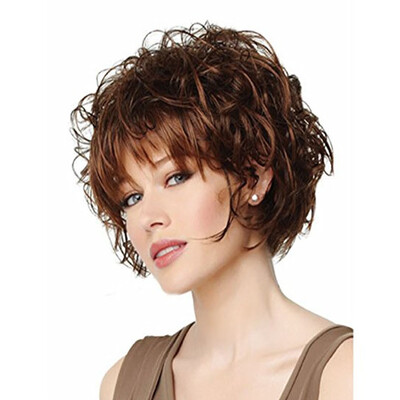 

QianBaiHui Short Curly Wigs for White Women - Brown Hair Bob Wig Heat Resistant Synthetic Fashion Wig