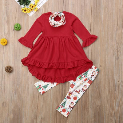 

Christmas Toddler Baby Girls Dress Tops Pants Leggings Scarf Outfits Clothes Set