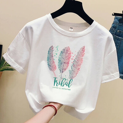 

Womens Casual Round Neck Feather Print Short Sleeve Loose Pullover Simple T-Shirt