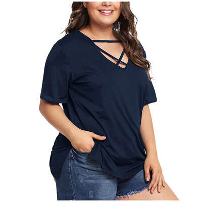 

Starmoon Fashion Women Plus Size V-Neck Solid Short Sleeve Lace Up Tops Tee