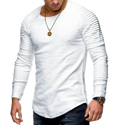 

Fashion Mens Round Neck Slim Solid Color Long-sleeved T-shirt Folding Hip-Hop Casual T-Shirt Tops For Men