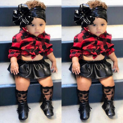 

US Newborn Kids Baby Girl Christmas Outfits Clothes Shirt TopsLeather Skirt Set