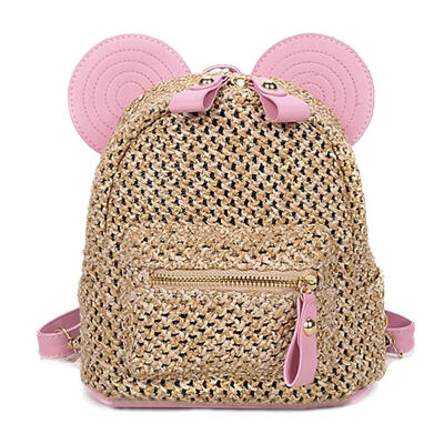 

Ear Decor Travel Backpacks Women Knapsack Straw Shoulder Top-handle Bags