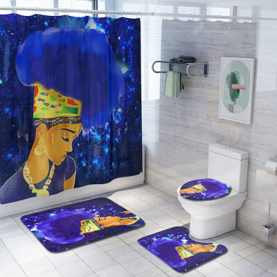 

Gobestart African Explosion Head Woman Waterproof Shower Curtain Bathroom Mat Four-piece