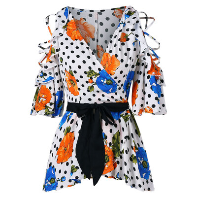 

Shoulder Cut V Neck Printed Blouse