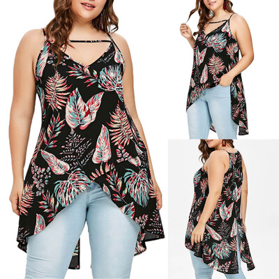 

Roseonmyhand Fashion Women Plus Size Tropical Leaf Overlap Printed Sleeveless Vest Tank Top
