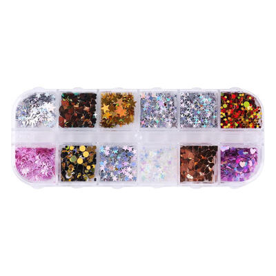 

12 Grids Nail Glitter Sequins Round Love Flakes Laser Powder Nail Art Decor