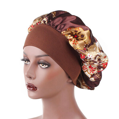 

Silky Flowers Pattern Woman Sleep Caps Hair Care Head Cover Wide Nightcap Wrap