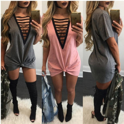 

Sexy Women Bandage Lace up V-neck Short Sleeve Evening Party Cocktail Short Mini Dress