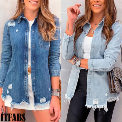 

Womens Long Sleeve Denim Jacket Slim Lapel Blazer Suit Vintage Style Washed Coat