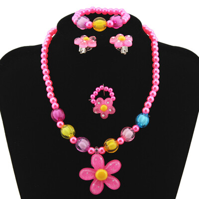 

Beautiful Child Flower Resin Necklace Bracelet Stud Ring 4-Piece Set Jewellery Suit Baby Clothing Accessory Festival Gift