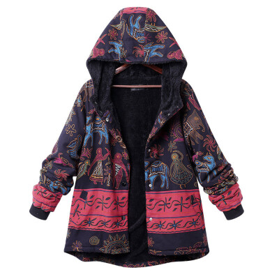 

Toponeto Women Winter Warm Outwear Hooded Floral Print Pocket Vintage Oversize Coat