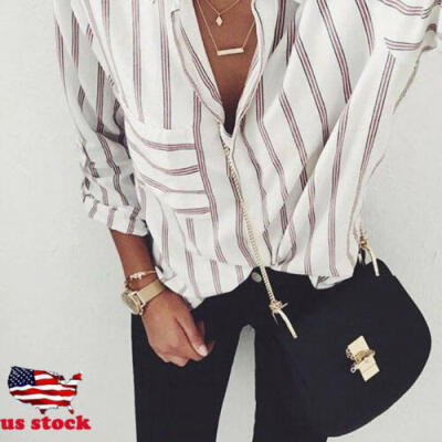 

US Womens Casual Loose Striped Button Down Long Sleeve Shirt Blouse Tunic Tops