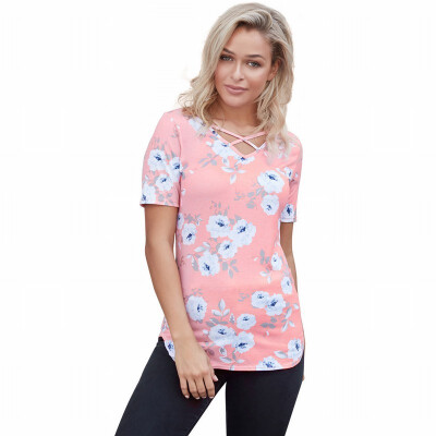 

Round neck short sleeve printed neckline cross casual T-shirt top