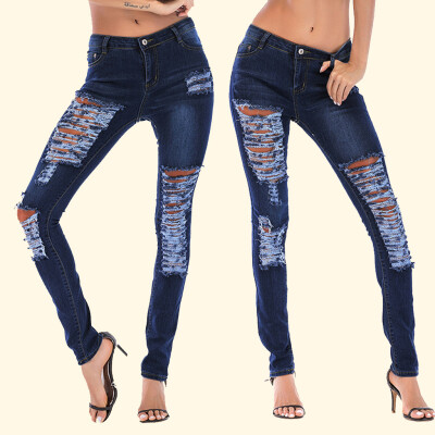 

〖Follure〗Fashion Womens Plus Size Pocket Hole Denim Button Zipper Sexy Slim Pants Jeans