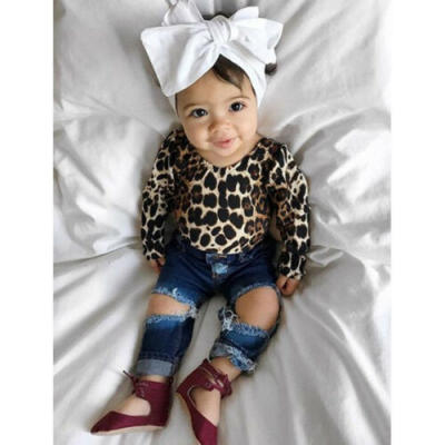 

Kids Baby Girl Leopard Outfits Long Sleeve TopsRipped Denim Jeans Pants Clothes