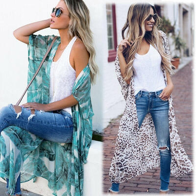 

Women Summer Chiffon Bikini Cover Up Cardigan Leopard Swimwear Beach Long Dress