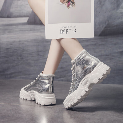 

European high-help shoes womens silver fall all-in-one casual single-layer shoes England high-bottom students shoes