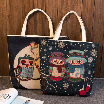 

New Women Canvas Handbag Animal Floral Embroidery Jacquard Shoulder Bag Large Capacity Casual Shopping Bag Tote