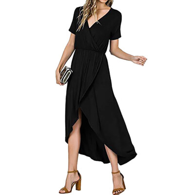 

Women Sexy Solid Dress V Neck Short Sleeve Dresses Fashion Casual Loose Irregular Midi Dress