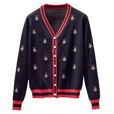 

Sweet Bee Embroidery Coat Autumn Loose Cardigan Tops Women Knitted Coat