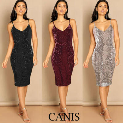 

AU Fashion Women Sexy Deep V Neck Sequins Bodycon Dress Mini Club Party Sundress